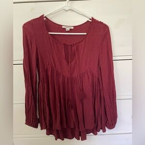 American Eagle Outfitters Red Smocked Tie Front Blouse